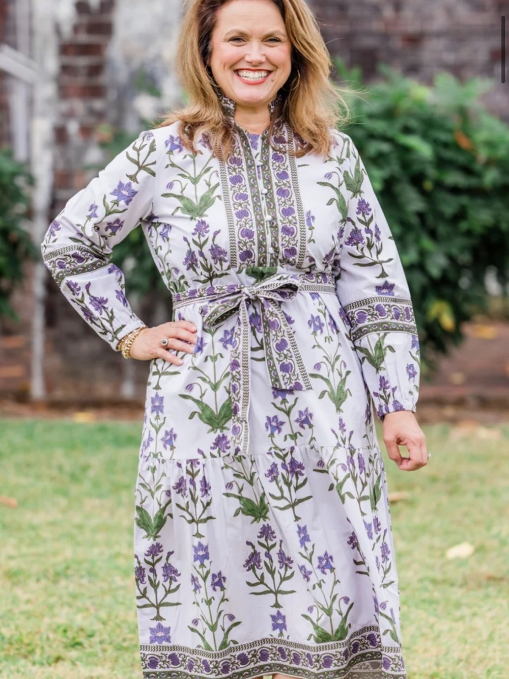 Lavender Floral Print Belted Midi Dress